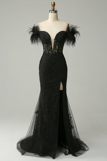 Off the Shoulder Black Mermaid Formal Dress with Feathers